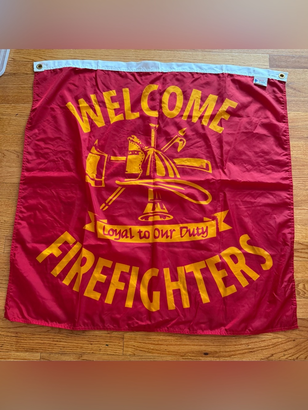 Vintage Welcome Firefighters Large Red Banner Event Flag Made in USA 3ft x 3ft